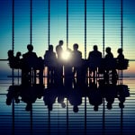 Réunion d'affaires avec silhouettes de personnes dans une salle de conférence.SLA back-office avec suivi des délais et contrôle qualité